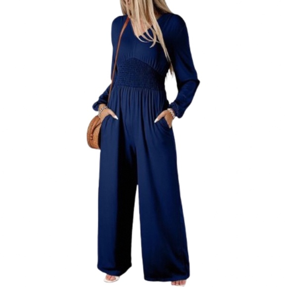 Women’s V Neck Long Sleeve Wide Leg Jumpsuit Romper With Pockets - Picture 1 of 7